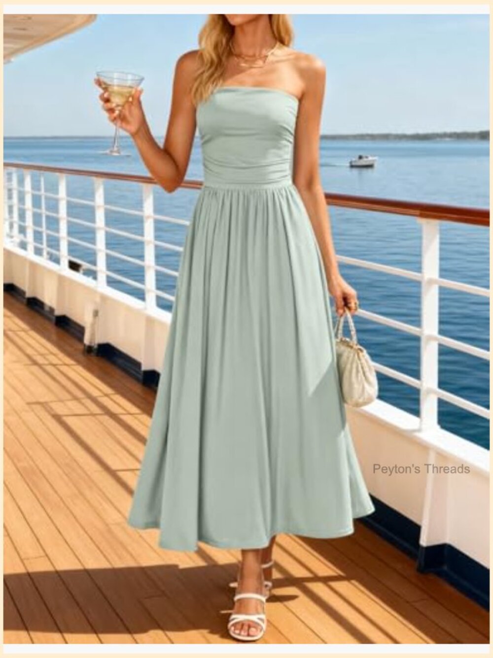 Strapless Ruched A-Line Midi Dress Sleeveless Flowy Wedding Guest - Picture 3 of 7